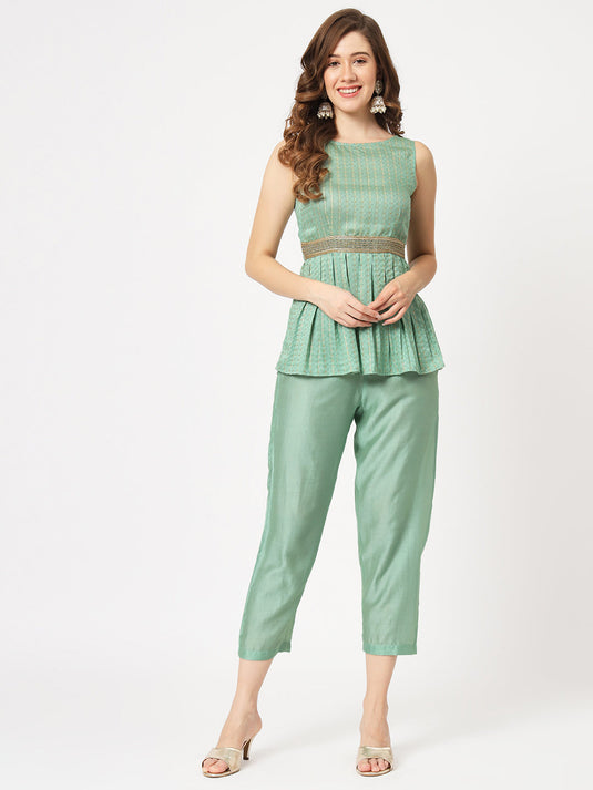 Self-Embellished Pleated Peplum Style Top With Pants Set