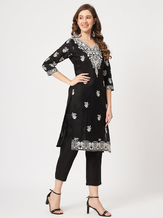 Embroidered Kurta With Matching Pants And Lace Detailed Dupatta Set