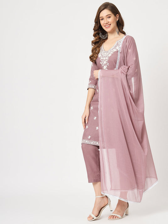 Embroidered Kurta With Matching Pants And Lace Detailed Dupatta Set