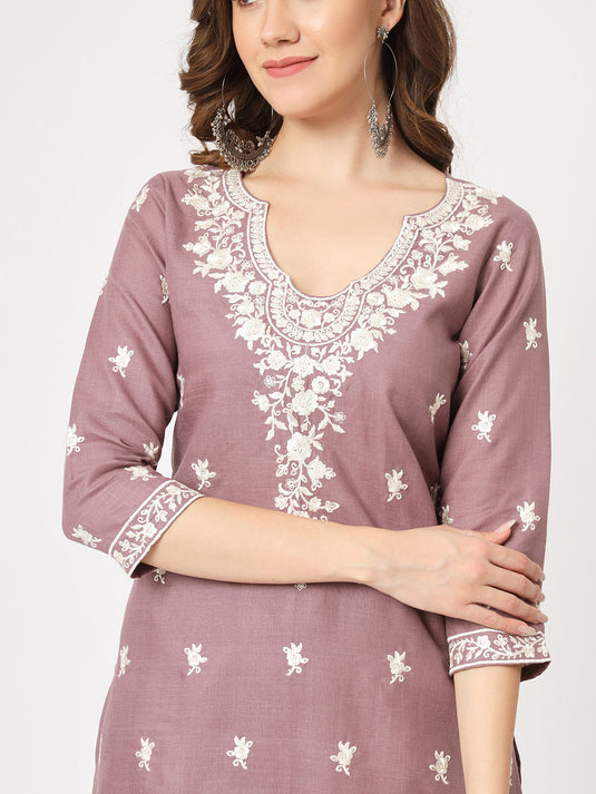 Embroidered Kurta With Matching Pants And Lace Detailed Dupatta Set