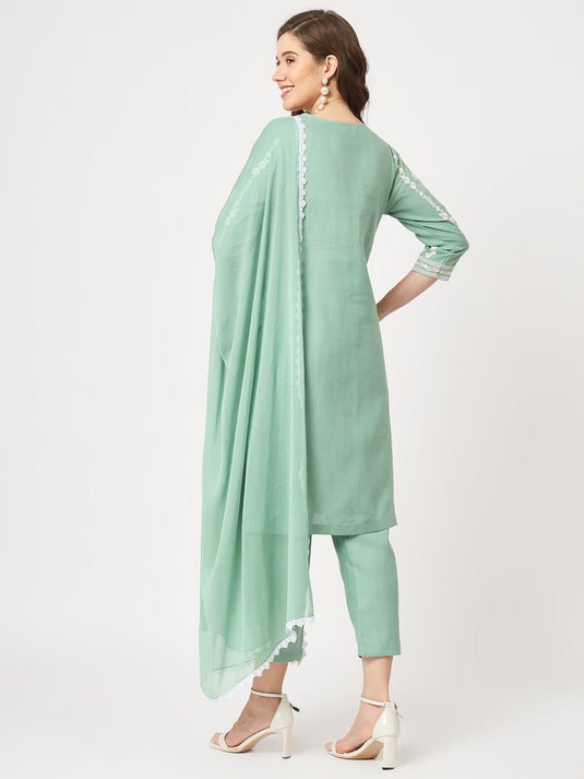 Embroidered Kurta With Matching Pants And Lace Detailed Dupatta Set