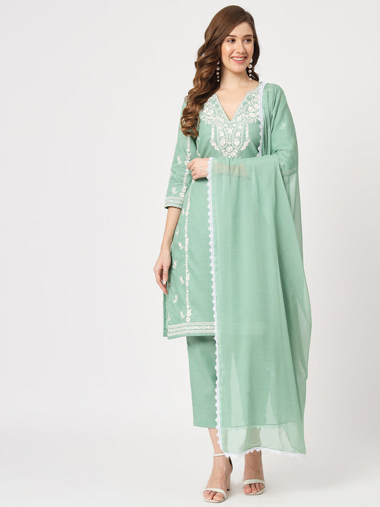 Embroidered Kurta With Matching Pants And Lace Detailed Dupatta Set