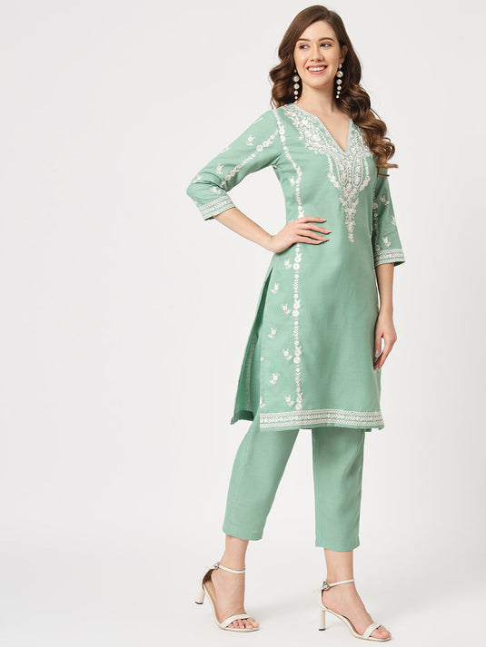 Embroidered Kurta With Matching Pants And Lace Detailed Dupatta Set