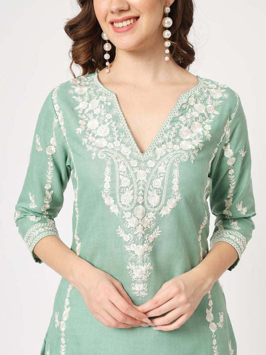 Embroidered Kurta With Matching Pants And Lace Detailed Dupatta Set