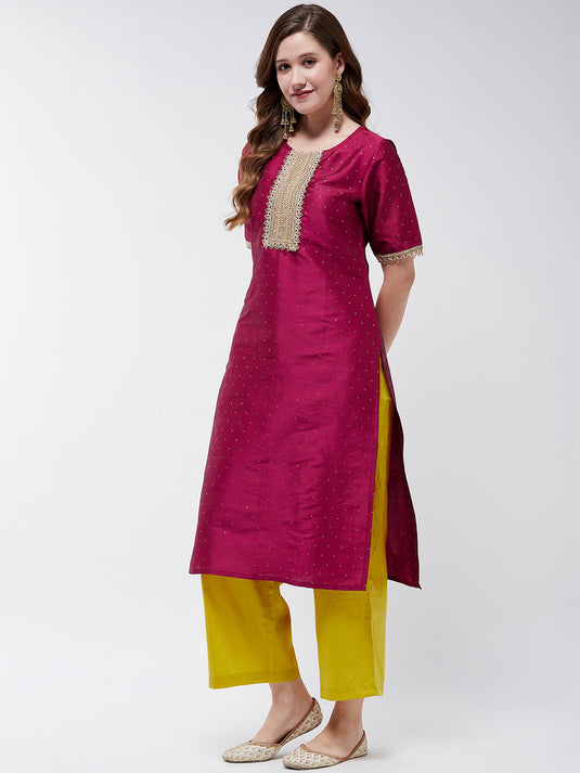 Festive Self Embroidered Buti Kurta With Lace Details And Contrasting Pants