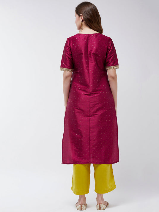 Festive Self Embroidered Buti Kurta With Lace Details And Contrasting Pants