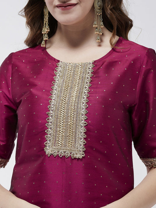 Festive Self Embroidered Buti Kurta With Lace Details And Contrasting Pants