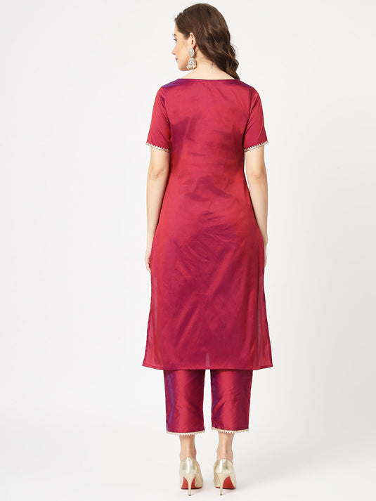 Festive Embroidered Round Neck Kurta And Contrasting Pants