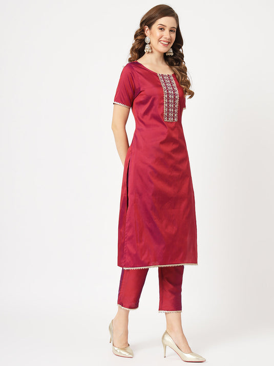 Festive Embroidered Round Neck Kurta And Contrasting Pants