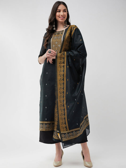 Festive Jacquard Neck Patch Kurta With Dupatta And Matching Pants