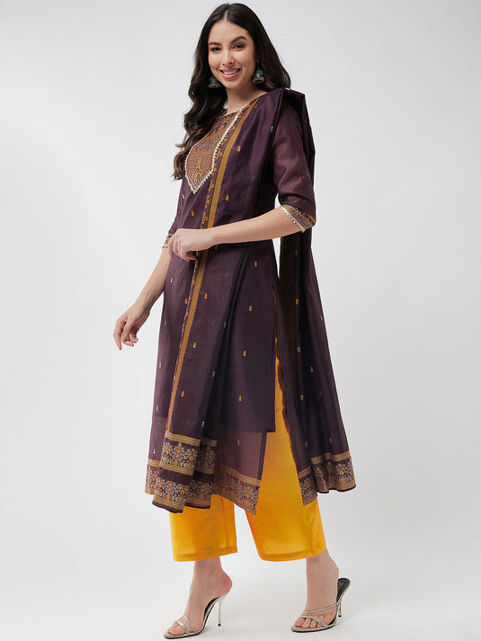 Festive Jacquard Neck Patch Kurta With Dupatta And Matching Pants