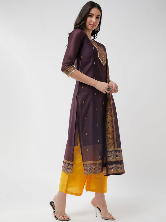 Festive Jacquard Neck Patch Kurta With Dupatta And Matching Pants