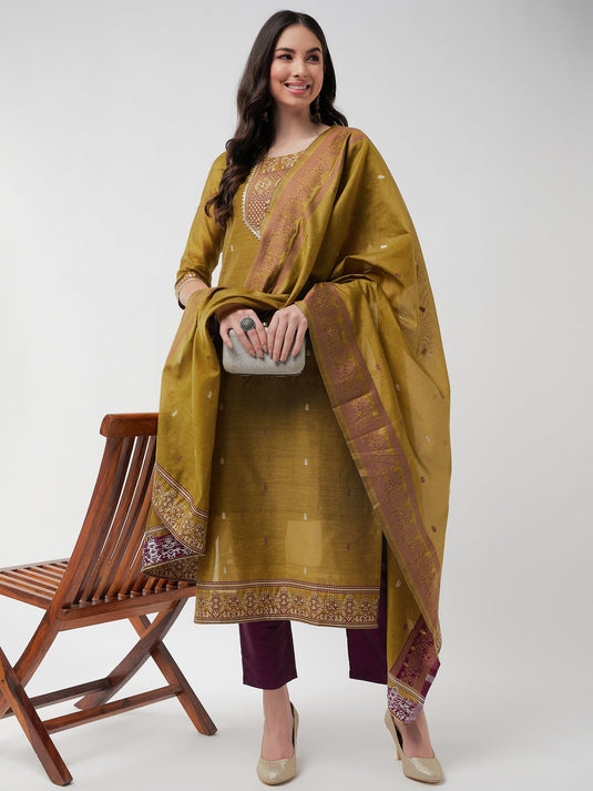 Festive Jacquard Neck Patch Kurta With Dupatta And Matching Pants