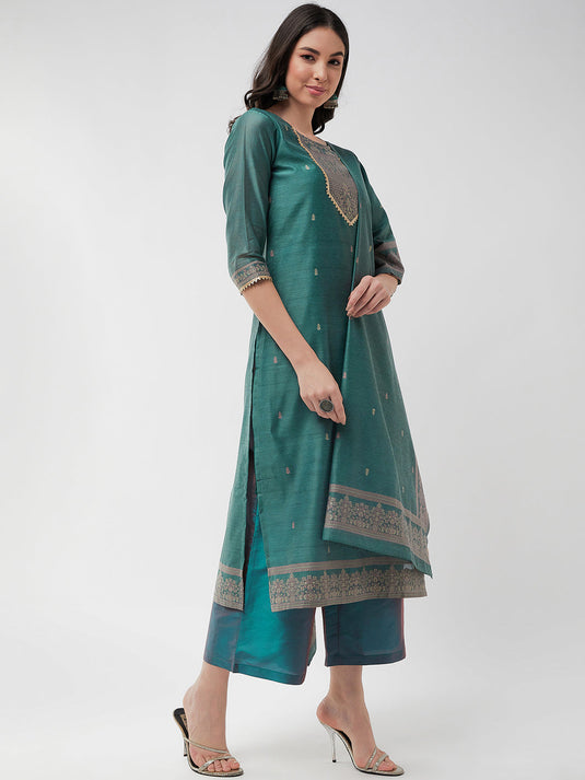 Festive Jacquard Neck Patch Kurta With Dupatta And Matching Pants