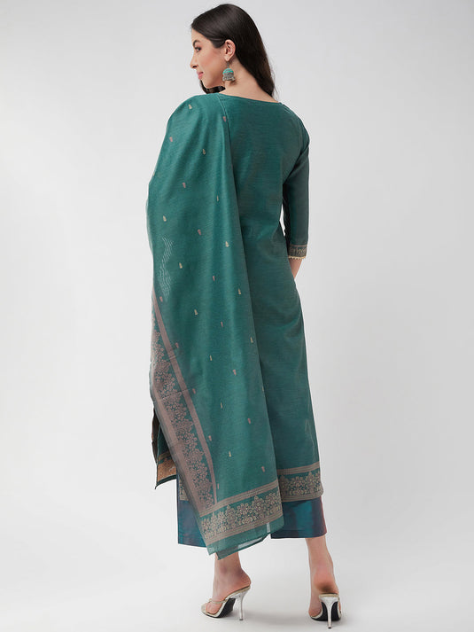 Festive Jacquard Neck Patch Kurta With Dupatta And Matching Pants