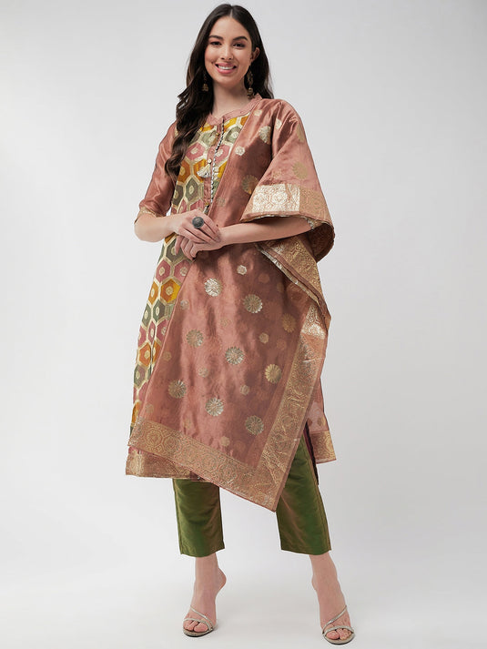 Brocade Jacquard Festive Kurta With Dupatta And Matching Pants