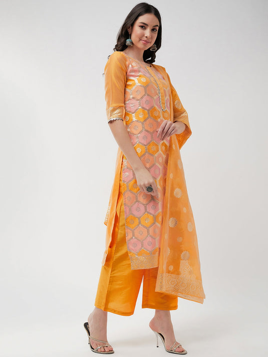 Brocade Jacquard Festive Kurta With Dupatta And Matching Pants