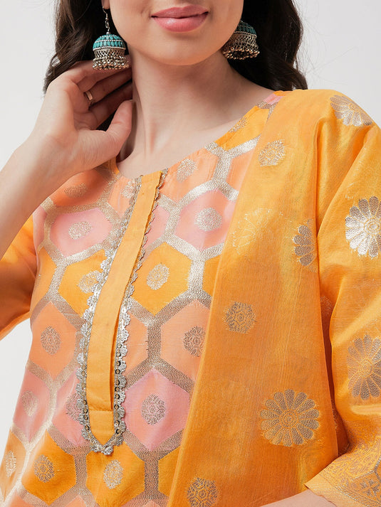 Brocade Jacquard Festive Kurta With Dupatta And Matching Pants