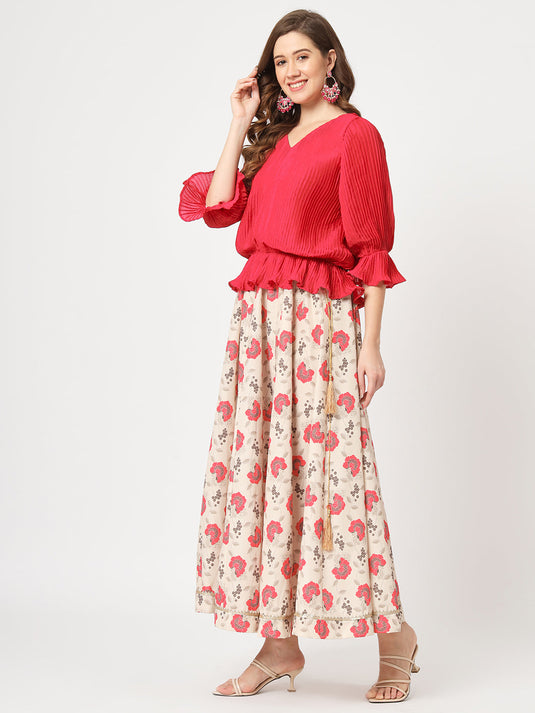 Self Pleated Top With Digital Printed Flared Skirt Set