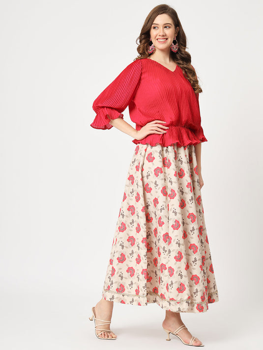 Self Pleated Top With Digital Printed Flared Skirt Set