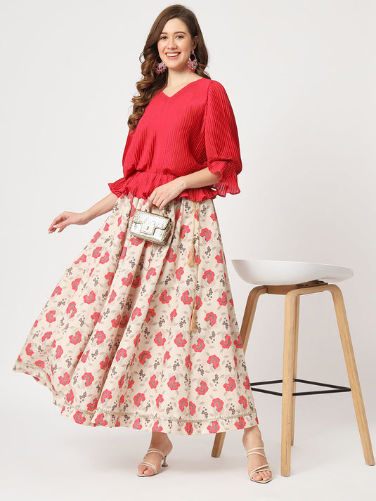 Self Pleated Top With Digital Printed Flared Skirt Set