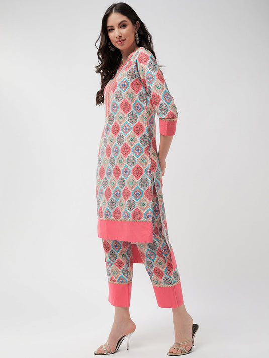 Wedding Inspired Diamond Allover Multicolor Printed Lace Insert Kurta With Pant Set