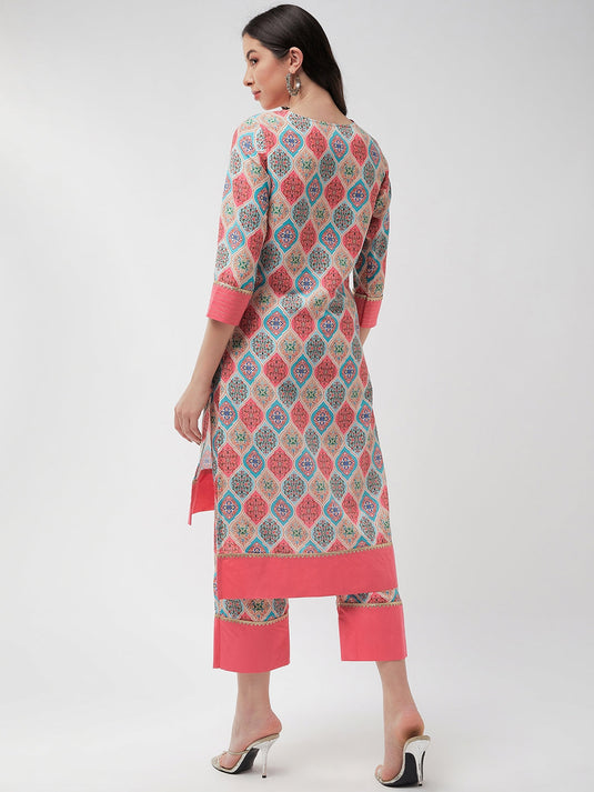 Wedding Inspired Diamond Allover Multicolor Printed Lace Insert Kurta With Pant Set