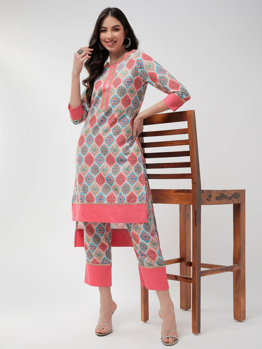 Wedding Inspired Diamond Allover Multicolor Printed Lace Insert Kurta With Pant Set