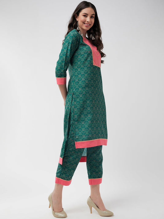 Wedding Inspired Allover Printed Yoke With Lace Insert Kurta With Pant Set