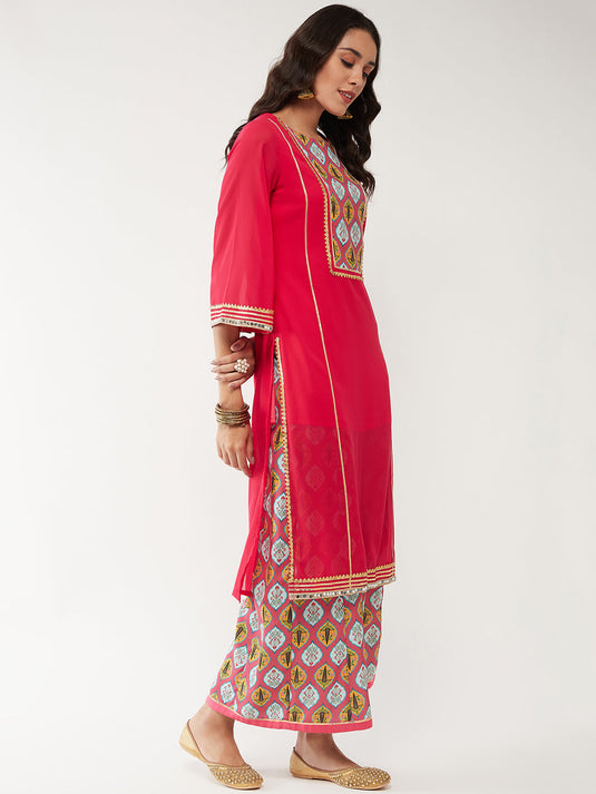 Wedding Inspired Solid Lace Kurta With Digital Printed Flared Palazzo Set