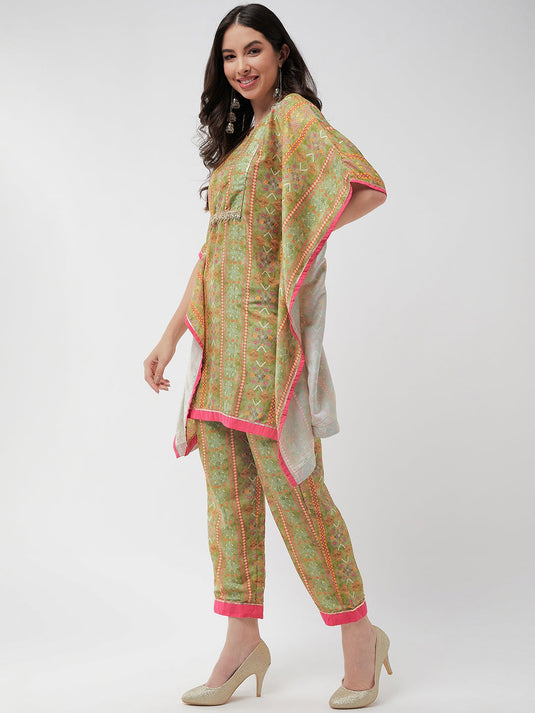 Digital Printed Embellished Yoke Kaftan Short Kurta With Pant Set