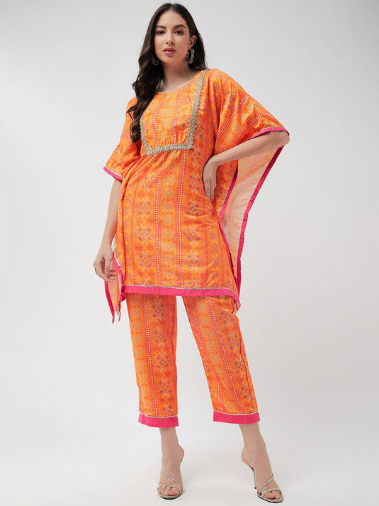 Digital Printed Yoke With Lace Kaftan Short Kurta With Pant Set