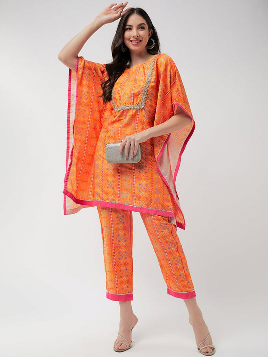 Digital Printed Yoke With Lace Kaftan Short Kurta With Pant Set