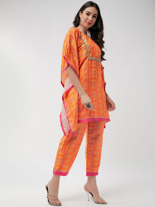 Digital Printed Yoke With Lace Kaftan Short Kurta With Pant Set