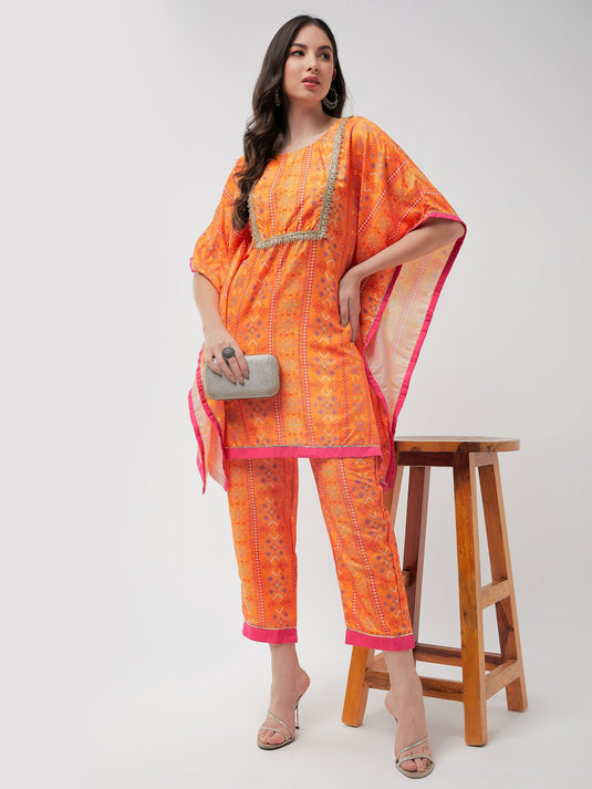 Digital Printed Yoke With Lace Kaftan Short Kurta With Pant Set