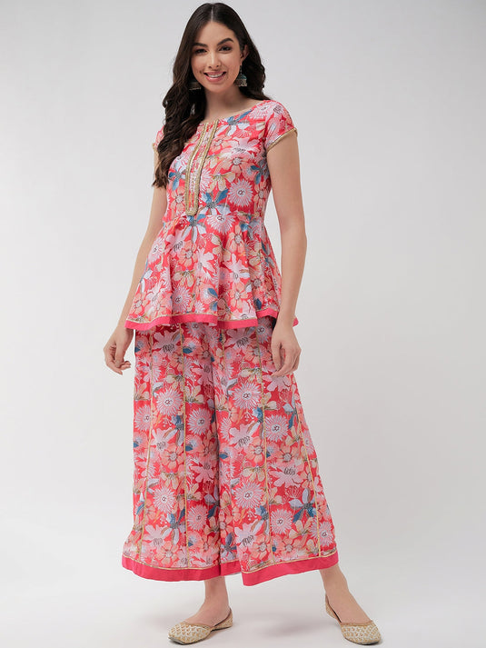 Printed Short Peplum Kurta With Lace Details And Panelled Flared Pant Set