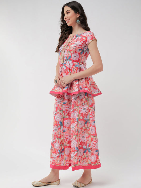 Printed Short Peplum Kurta With Lace Details And Panelled Flared Pant Set