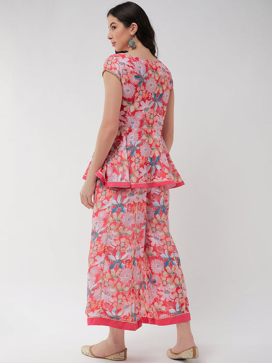 Printed Short Peplum Kurta With Lace Details And Panelled Flared Pant Set