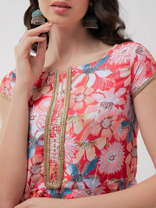 Printed Short Peplum Kurta With Lace Details And Panelled Flared Pant Set