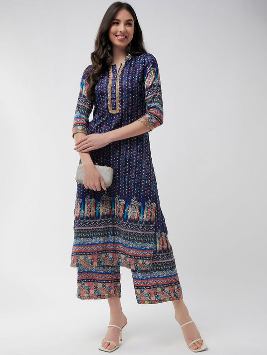 Digital Placement Printed Kurta With Lace Details And Matching Pant Set