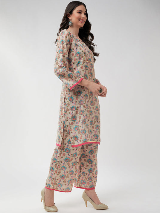 Digital Allover Printed Kurta With Lace At Yoke And Matching Pant Set