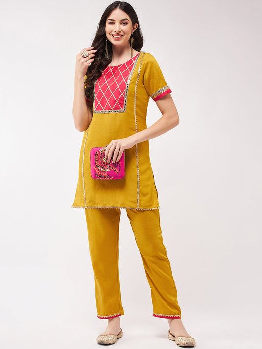 Festive Solid Yoke Short Kurti With Matching Pant Set