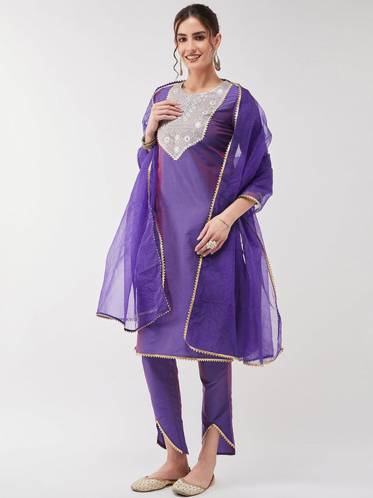 Festive Solid Lace Detailed Kurta With Matching Dupatta And Pant Set