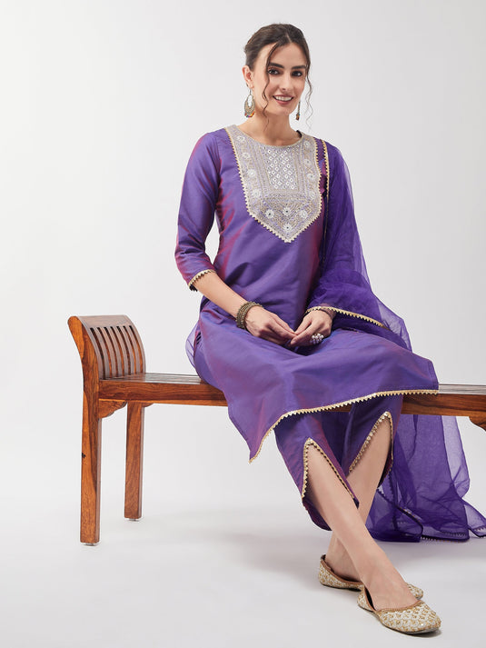 Festive Solid Lace Detailed Kurta With Matching Dupatta And Pant Set