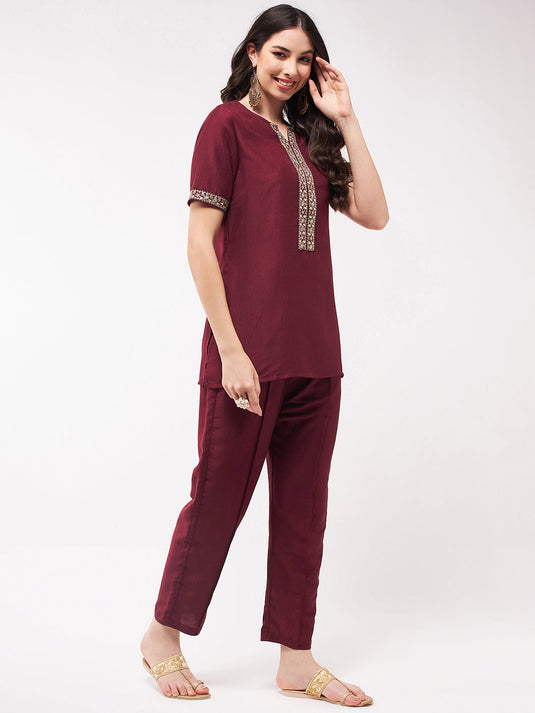 Festive Solid Short Kurti With Lace And Matching Pant Set