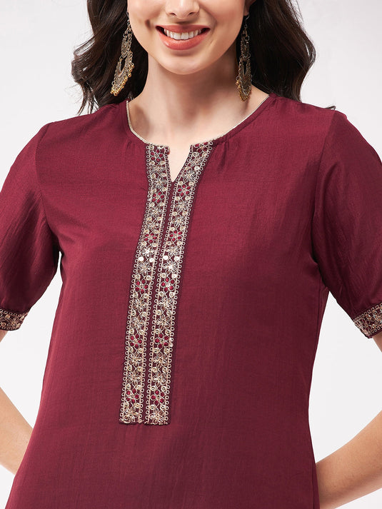 Festive Solid Short Kurti With Lace And Matching Pant Set