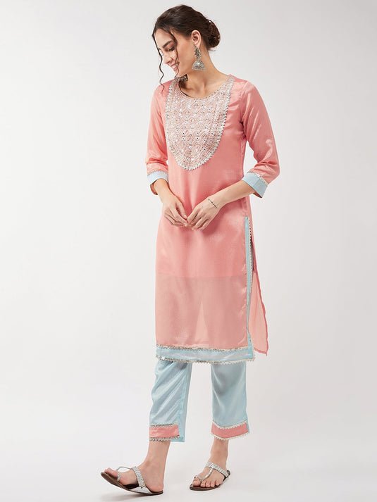 Festive Pastel Embroidered Neck Kurta With Pant Set