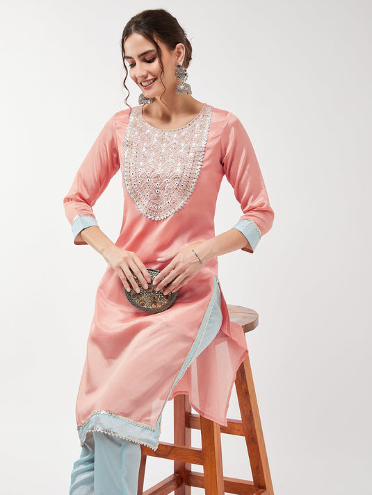 Festive Pastel Embroidered Neck Kurta With Pant Set