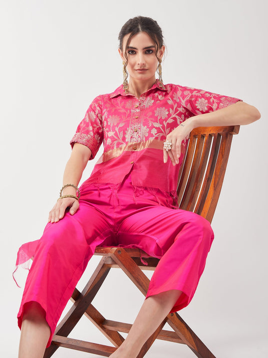 Festive Jacquard High-Low Top With Matching Pant Set