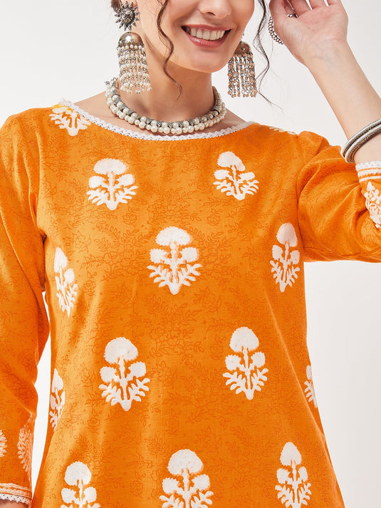 Casual Printed Kurta With Lace Detailed Pant Set